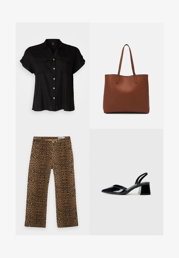 Camicia nera a maniche corte con bottone, dotata di due tasche sul petto, tessuto morbido, orlo arrotondato e bottoni dorati. Design classico a vestibilità ampia.; Pantaloni con stampa leopardata caratterizzati da un motivo marrone e nero, design a gamba dritta e stile classico a cinque tasche. Realizzati in tessuto misto cotone.; Décolleté in vernice nera con punta affusolata e tacco in geometria cubica. Presentano un design elegante e minimalista, con una texture liscia.; Borsa tote in pelle marrone con texture liscia, design con apertura superiore e due spallacci. Presenta cuciture minime e nessun hardware visibile.