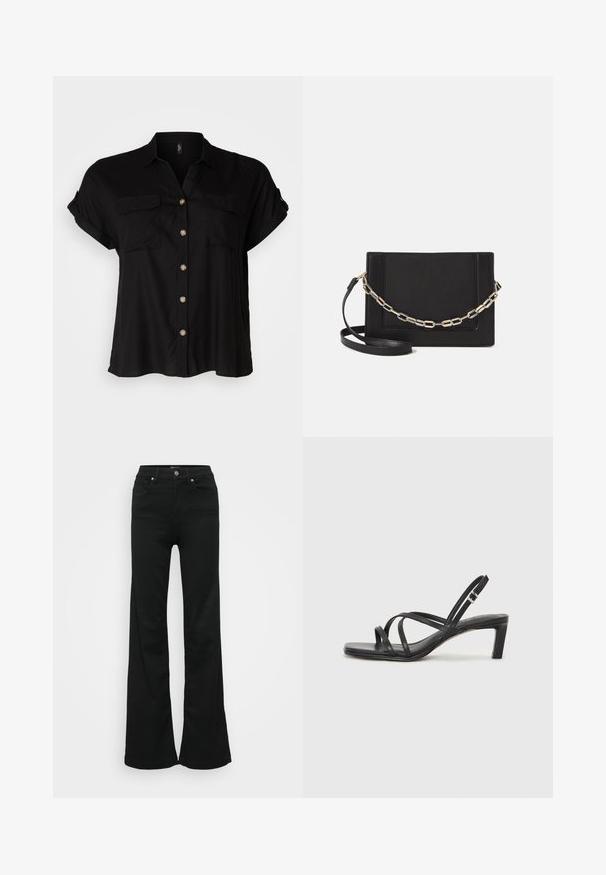 Svart kortermet skjorte med knapper og to brystlommer, mykt stoff, avrundet hem og gullfargede knapper. Klassisk løs passform.; Svarte utsvingte jeans laget av denim, med høy midje, fem lommer og metallknapplukking. Glatt tekstur med minimal detaljering.; Sorte sandaler med stropper, firkantet tå og lav blokk hæl. Har flere tynne stropper og en justerbar ankelstropp. Laget av glatt lær.; Svart lær crossbody-veske med glatt tekstur, rektangulær form og metallkjede detaljer på framsiden. Justerbar stroppe inkludert.