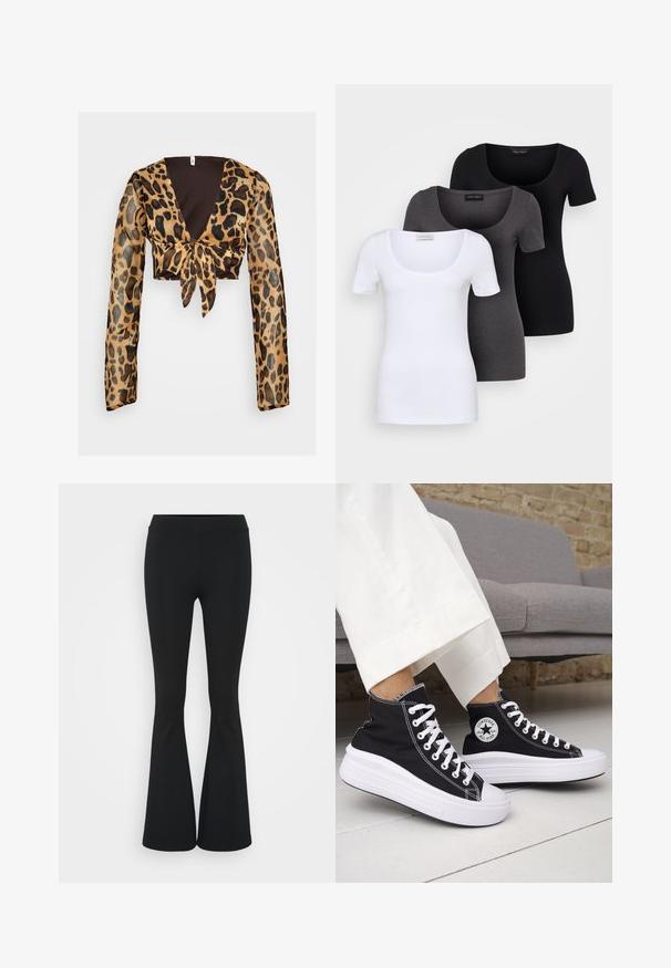 Leopardenmuster-Crop-Top mit langen, durchsichtigen Ärmeln. Verfügt über einen tiefen V-Ausschnitt und eine Frontbindedetail. In erster Linie in Braun- und Schwarztönen.; Drei figurbetonte T-Shirts in Weiß, Grau und Schwarz. Jedes hat einen weiten Rundhalsausschnitt und kurze Ärmel. Hergestellt aus glattem, elastischem Stoff.; Schwarze, ausgestellte Hosen aus dehnbarem Material mit hohem Bund und glatter Textur. Die Hose weitet sich ab dem Knie.; Schwarze High-Top-Sneaker mit weißen Gummisohlen und Schnürsenkeln. Verfügt über ein rundes Logo-Patch und kontrastierende weiße Nähte. Aus Canvas-Material.