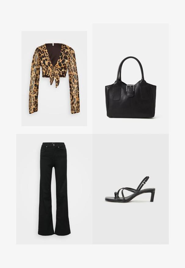 Cropped top w nadrukiem w panterkę z długimi, przezroczystymi rękawami. Zawiera głęboki dekolt w kształcie litery V oraz szczegół związywania z przodu. Główne kolory to brązowy i czarny.; Czarne dżinsy w kształcie dzwonu wykonane z denimu, z wysokim stanem, pięcioma kieszeniami i metalowym zapięciem. Gładka faktura z minimalnym zdobieniem.; Czarne sandały na obcasie z prostokątnym noskiem i niskim słupkowym obcasem. Posiadają wiele cienkich pasków i regulowany pasek na kostkę. Wykonane z gładkiej skóry.; Czarna skórzana torba tote o gładkiej fakturze, usztywnionym kształcie, dwóch uchwytach oraz wyraźnym srebrnym zapięciu na przodzie.