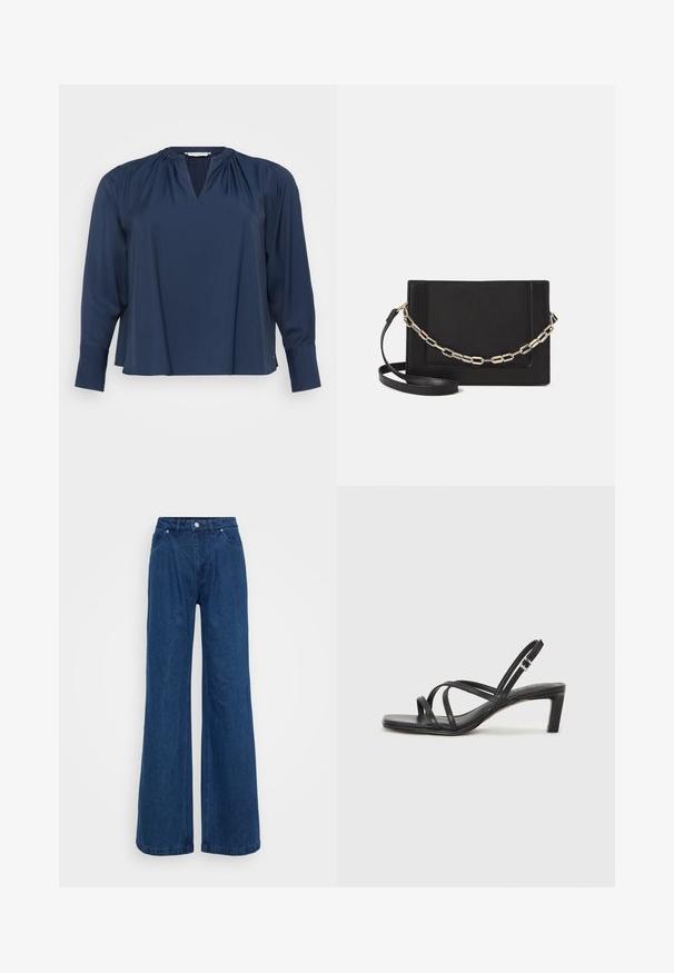 Mørkeblå langermet bluse med V-hals, mykt stoff, rynkede skulderdetaljer og mansjetter på ermene. Enkel og avslappet passform.; Bredde ben jeans i blå denim med høy midje, frontlås med knapp og glidelås, samt front- og baklommer mot en ensfarget bakgrunn.; Sorte sandaler med stropper, firkantet tå og lav blokk hæl. Har flere tynne stropper og en justerbar ankelstropp. Laget av glatt lær.; Svart lær crossbody-veske med glatt tekstur, rektangulær form og metallkjede detaljer på framsiden. Justerbar stroppe inkludert.