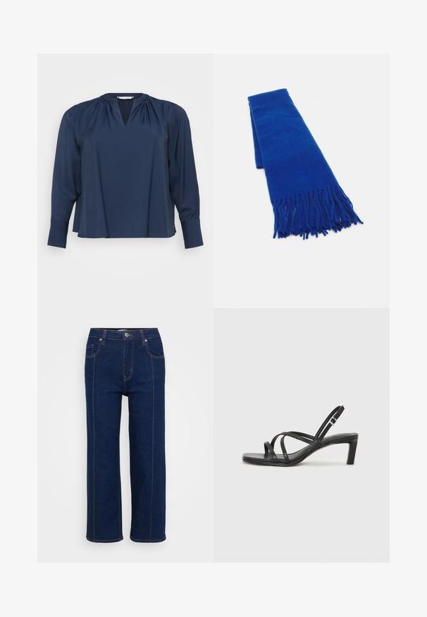 Mørkeblå langermet bluse med V-hals, mykt stoff, rynkede skulderdetaljer og mansjetter på ermene. Enkel og avslappet passform.; Mørkeblå rette jeans med knappelukking, front- og baklommer, og synlig oransjefargede sømmer langs sømmene.; Sorte sandaler med stropper, firkantet tå og lav blokk hæl. Har flere tynne stropper og en justerbar ankelstropp. Laget av glatt lær.; Blå vevd skjerf med duskete ender, glatt tekstur, rektangulær form og jevn farge gjennomgående. Egnet for kaldt vær.