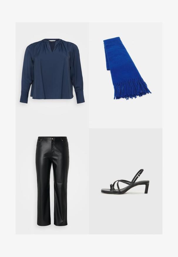 Mornarsko modra bluza z dolgimi rokavi in V-izrezom, narejena iz mehke tkanine, z nabranimi rameni in manšetami na rokavih. Enostaven in sproščen kroj.; Črne umetne usnjene hlače s ravnim krojem, z zankami za pas, sprednjimi žepi in zadrgo s gumbom. Gladka tekstura.; Črne natikače s trakovi in kvadratnim prstom ter nizkim blokastim peto. Imajo več tankih trakov in nastavljiv trak okoli gležnja. Narejene so iz gladkega usnja.; Modra tkana šal s resicami na koncih, gladka tekstura, pravokotna oblika in enotna barva po celotni dolžini. Primeren za hladno vreme.