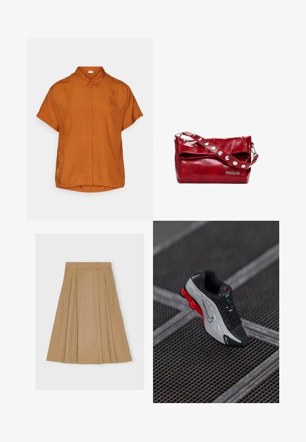 Kortærmet orange skjorte lavet af letvægtigt stof, med knaplukning foran, krave og en let rundet kant.; Knælang, plisseret nederdel i lysebrunt bomuld med en tætsiddende talje med bæltesløjfer og en lige kant.; Sort og grå atletisk sko med rød polstret sål, sorte snørebånd og swoosh-logo hvilende på metalgitteroverflade.; Rød syntetisk læder skuldertaske med en fold-over flap, sølvfarvede trykknapdetaljer på remmen og et trykt "Desigual" logo.