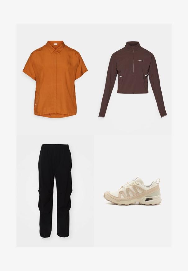 Short-sleeve orange shirt made of lightweight fabric, featuring a button front, collar, and a slightly rounded hemline.; Dark brown long-sleeve quarter-zip sports top with high collar, small white logo on chest, and subtle side detailing.; Black outdoor pants made from durable material, featuring a relaxed fit, elastic waistband, and cinched cuffs for adjustable length.; Beige and cream athletic shoe with textured mesh upper, supportive overlays, and rubber outsole featuring a tread pattern for traction.