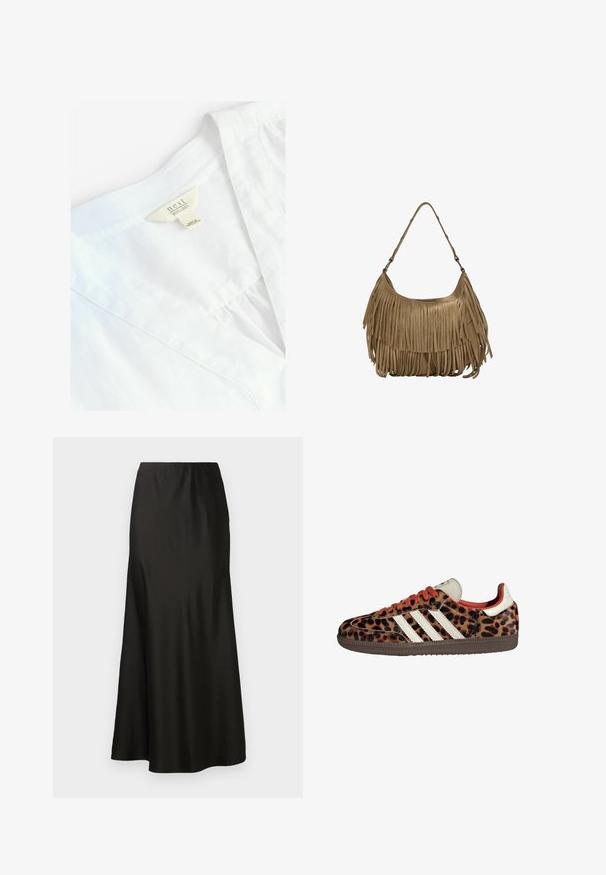 Bijela lanena košulja s V-izrezom, s oznakom koja glasi "next 100% LAN". Glatka tekstura, lagana tkanina, jednostavni detalji šivanja.; Crna saten maxi suknja s glatkom teksturom, visokim strukom i razvedenim donjim dijelom. Ima jednostavan dizajn bez vidljivih uzoraka ili hardvera.; Tenisice s uzorkom leoparda izrađene od suede materijala, s crvenim vezicama i tri bijele pruge sa strane. Imaju kremasto-bijeli jezik i smeđu potplat.; Smešena smeđa suđena torba s dugim resicama, zakrivljenim oblikom i jednim remenom za rame. Ima glatku, teksturiranu površinu.