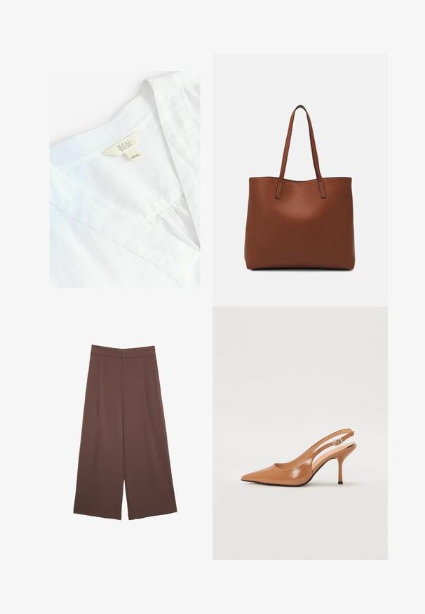 White linen shirt with a V-neck design, featuring a tag that reads "next 100% LINEN." Smooth texture, light fabric, simple stitching details.; Brown wide-leg trousers with a smooth texture, featuring a high waist and front pleats. The fabric is lightweight and flows loosely.; Pointed toe slingback heel in a smooth, glossy tan material. Features a curved cutout design and a slender stiletto heel. Silver buckle detail.; Brown leather tote bag with a smooth texture, open top design, and two shoulder straps. Features minimal stitching and no visible hardware.