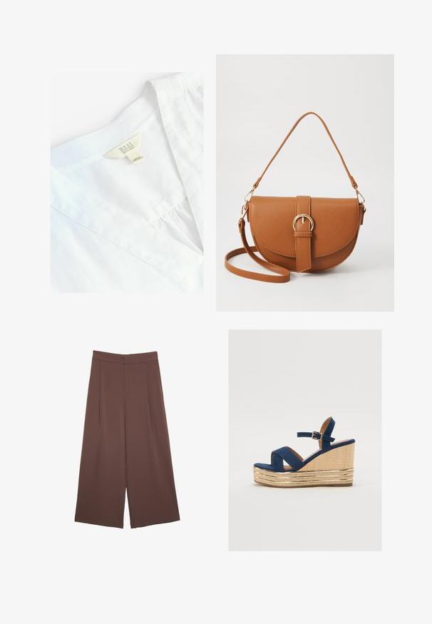 White linen shirt with a V-neck design, featuring a tag that reads "next 100% LINEN." Smooth texture, light fabric, simple stitching details.; Brown wide-leg trousers with a smooth texture, featuring a high waist and front pleats. The fabric is lightweight and flows loosely.; Navy blue wedge sandal with crossed straps, a textured natural fiber platform, and a gold metallic accent on the base.; Brown leather crossbody bag with a curved shape, gold hardware, and a buckle accent. Features a detachable shoulder strap.
