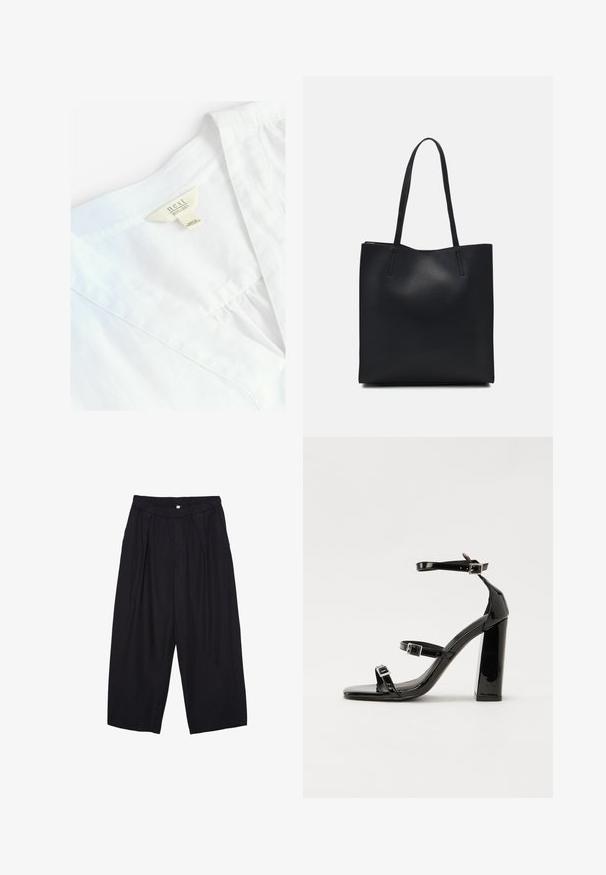 Weißes Leinenhemd mit V-Ausschnitt, versehen mit einem Etikett, das "next 100% LEINEN" liest. Glatte Textur, leichtes Material, einfache Nähedetails.; Schwarze Polyester-Culotte mit einem elastischen Bund, zwei vorderen Falten und einer lockeren Silhouette. Keine sichtbaren Muster oder Hardware-Details.; Schwarze patentierte Sandalen mit Absatz, quadratischer Spitze, Knöchelriemen und silbernen Schnallen. Mit einem stabilen Blockabsatz für mehr Stabilität.; Schwarze Laptoptasche aus Leder mit glatter Textur, rechteckiger Form und zwei langen Griffen. Keine sichtbaren Beschläge oder Verzierungen.