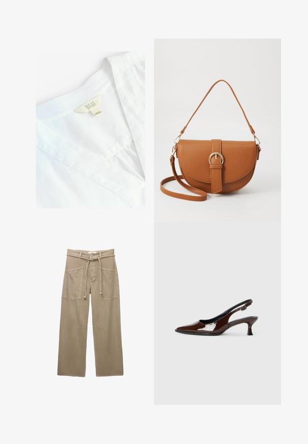 Hvid linnedskjorte med V-halsdesign, der har et mærke, der læser "next 100% LINEN." Glat tekstur, let stof, enkle syningsdetaljer.; Beige vidde bukser lavet af slidstærkt stof, med store forlommer, et flettet bælte og diskrete stikninger.; Brun patenteret læder slingback sko med spids tå og en moderat hæl. Har en spænde rem for en sikker pasform. Glat tekstur.; Brun læder crossbody taske med en buet form, guldfarvet hardware og en spændeaccent. Har en aftagelig skulderrem.