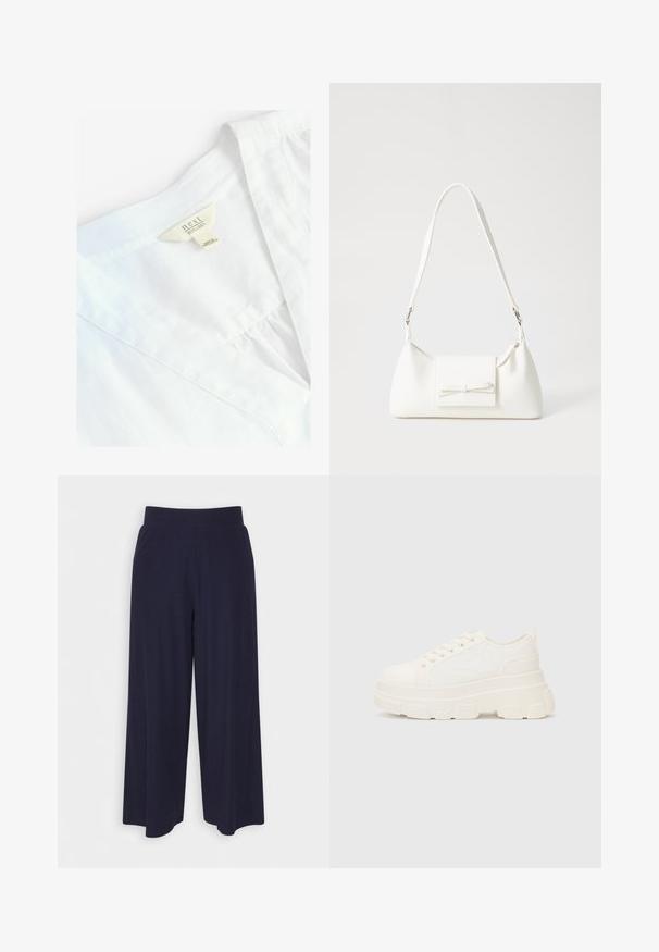 White linen shirt with a V-neck design, featuring a tag that reads "next 100% LINEN." Smooth texture, light fabric, simple stitching details.; Wide-leg trousers in dark navy fabric with a ribbed texture. Features a smooth waistband and a flowy silhouette, reaching mid-calf length.; White canvas sneaker with a chunky sole, rounded toe, and five eyelets for laces. Back tab for easy wear. Smooth texture, minimalist design.; White synthetic handbag with a triangular shape, flat front flap and bow detail, adjustable strap, smooth texture, and minimalistic design.