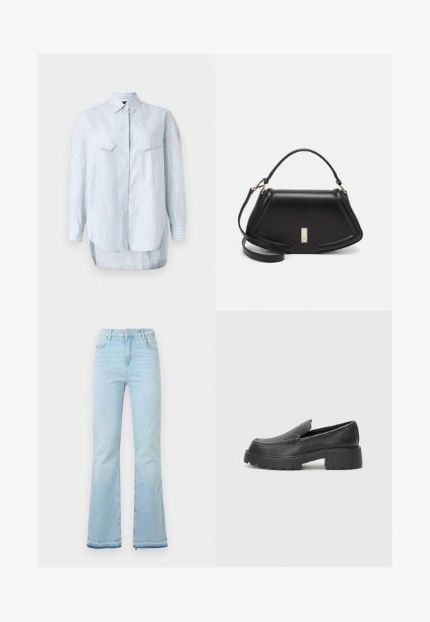 Camicia a righe blu chiaro con bottoni, maniche lunghe, colletto classico e due tasche sul petto. L'orlo è curvo e più lungo sul retro.; Jeans flare azzurri in denim, caratterizzati da una vita alta, tasche anteriori e un orlo grezzo ai polsini per un look casual.; Mocassini in pelle nera con punta arrotondata, suola spessa e testurizzata, e minime cuciture. Design elegante senza lacci o parti metalliche visibili.; Borsa a mano in pelle nera con un design strutturato, caratterizzata da una forma corta, manico superiore e accessori in metallo dorato. Inclusa tracolla regolabile.