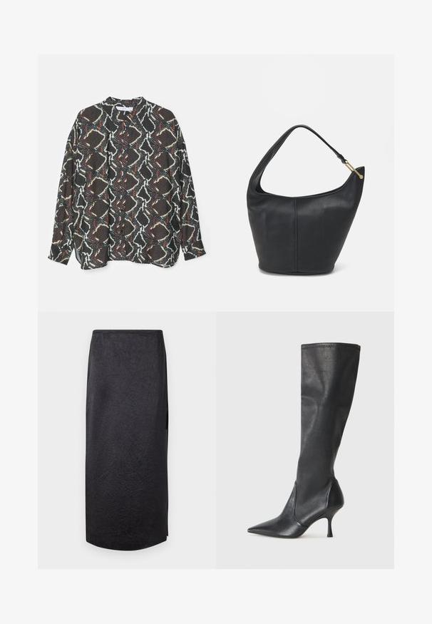 Patterned button-up shirt featuring a black, white, and red abstract design. Made of lightweight fabric with a relaxed fit and long sleeves.; Black midi skirt with a crinkled texture, straight cut, and side slit. Material appears lightweight. Hemline is slightly rounded.; Knee-high black leather boots with a pointed toe and a slim stiletto heel. Smooth texture with a fitted design and stitching at the top edge.; Black leather handbag with a rounded shape, a wide strap, and a textured finish. Features a subtle seam detail and a gold-tone hardware accent.