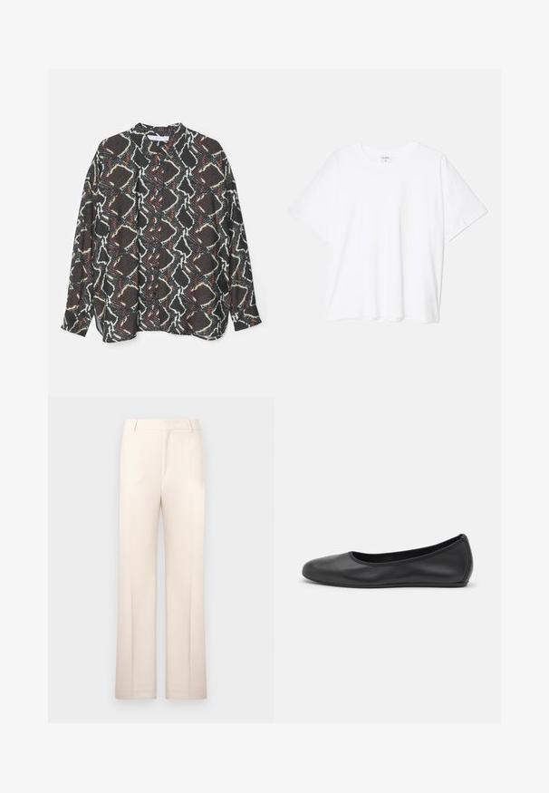 Mønstret skjorte med knapper som har et svart, hvitt og rødt abstrakt design. Laget av lett stoff med en avslappet passform og lange ermer.; Hvit bomulls t-skjorte med korte ermer, rund hals, avslappet passform og sydd kant. Merke synlig på innsiden av halsen.; Beige skreddersydde bukser med rette ben, laget av lett stoff. Har frontfolder og en klassisk midje.; Svart skinnballettflatt med rund tå, glatt tekstur, minimal sømdetalj, og et fleksibelt såledesign.