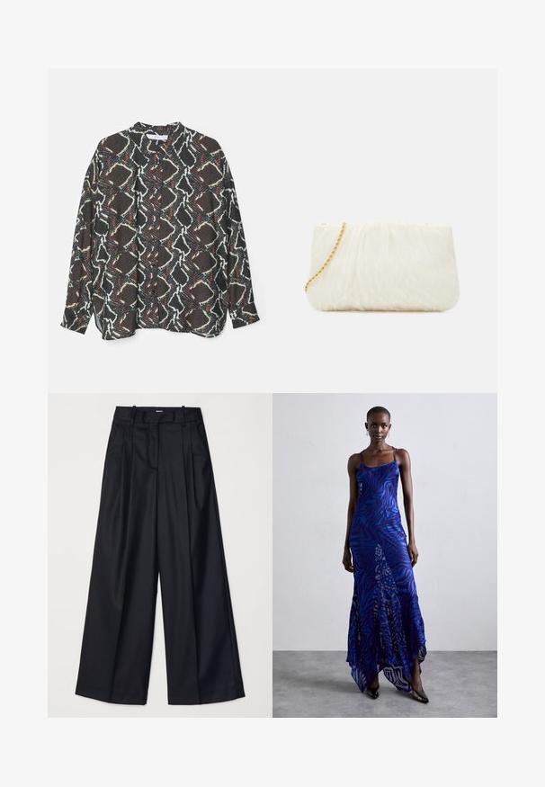 Camicia con bottoni a stampa caratterizzata da un design astratto in bianco, nero e rosso. Realizzata in tessuto leggero con una vestibilità comoda e maniche lunghe.; Pantaloni neri a gamba larga realizzati in un tessuto morbido, con vita alta, pieghe e un design sartoriale. Finiture semplici in nero in vita.; Abito maxi con stampa animale blu e viola, con spalline sottili, corpetto aderente, orlo svasato e dettagli in overlay trasparente.; Clutch bianco con texture e design arricciato, dotato di una tracolla in catena dorata. Finitura liscia con leggere ondulazioni e bordi arrotondati.