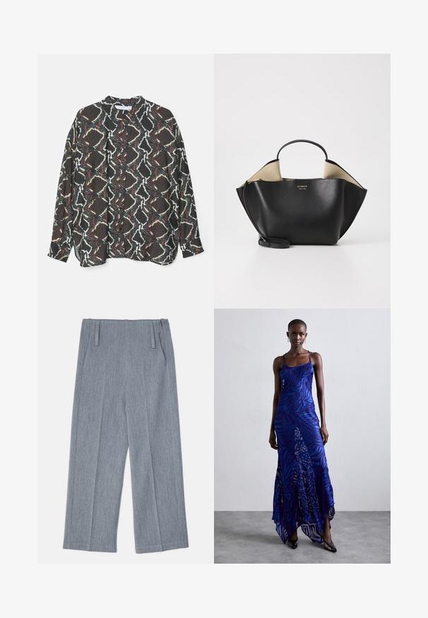 Patterned button-up shirt featuring a black, white, and red abstract design. Made of lightweight fabric with a relaxed fit and long sleeves.; Light gray, wide-leg trousers made of textured fabric, featuring two front pleats and two side pockets. Clean, tailored design.; Blue and purple animal print maxi dress with thin straps, a fitted bodice, flared hem, and sheer overlay detailing.; Ree Projects ANN TOTE MINI - Handbag - black