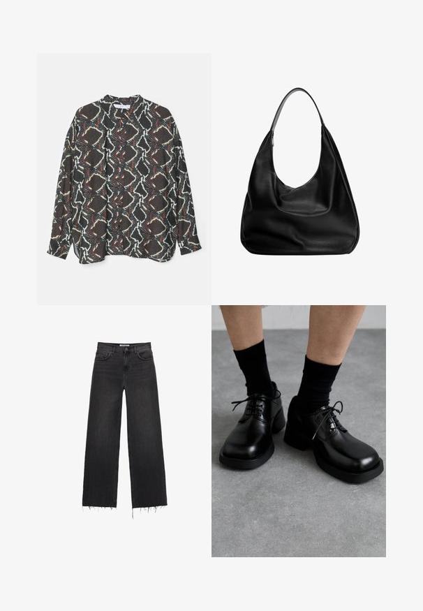 Koszula z guzikiem w wzór z czarno-biało-czerwoną abstrakcyjną grafiką. Wykonana z lekkiego materiału, z luźnym krojem i długimi rękawami.; Czarne dżinsy z szerokimi nogawkami i wysokim stanem, z postrzępionym dołem, pięcioma kieszeniami i zapięciem na guzik. Gładka tekstura z wyblakłym wykończeniem.; MIISTA ALTHEA BROGUES czarny; Czarna skórzana torba hobo o swobodnym fasonie, szerokim pasku na ramię i gładkiej fakturze. Posiada pojedyncze zapięcie na zamek z boku.