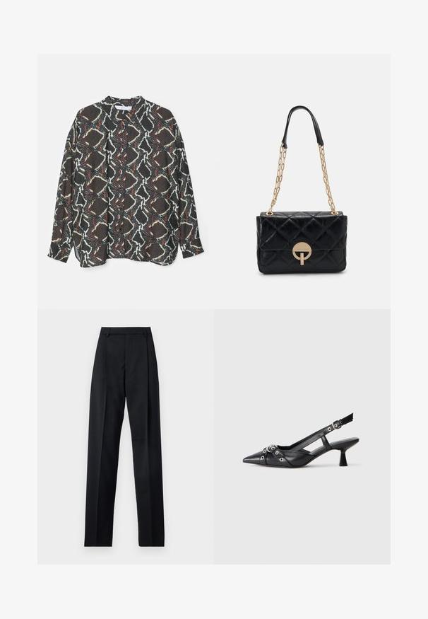 Patterned button-up shirt featuring a black, white, and red abstract design. Made of lightweight fabric with a relaxed fit and long sleeves.; Black trousers made from smooth fabric featuring a high waist, wide legs, front pleats, and classic belt loops. No side pockets visible.; Black leather slingback shoe with a pointed toe, decorative straps featuring metal eyelets, and a low block heel. Textured surface.; Black quilted leather handbag with a gold chain strap, featuring a circular clasp detail. Compact rectangular shape with a smooth texture.