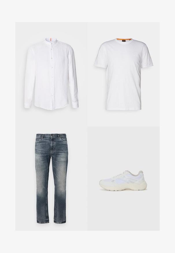 Biała lniana koszula z kołnierzykiem typu mandarynka, zapięciem na guziki z przodu, długimi rękawami i subtelną fakturą. Wyróżniający się pomarańczowy akcent na kołnierzyku.; Biała bawełniana koszulka z okrągłym dekoltem, krótkimi rękawami oraz subtelnie wytłoczonym logo na klatce piersiowej. Wewnętrzna metka ma pomarańczowy akcent.; Niebieskie dżinsy z prostą nogawką. Jasno wyblakłe miejsca, klasyczny pięciokieszeniowy krój oraz pojedynczy metalowy guzik z przodu w pasie.; Białe sportowe buty wykonane z siateczki i zamszu, z teksturowaną podeszwą środkową, teksturowanymi akcentami i logo "HUGO" z boku.