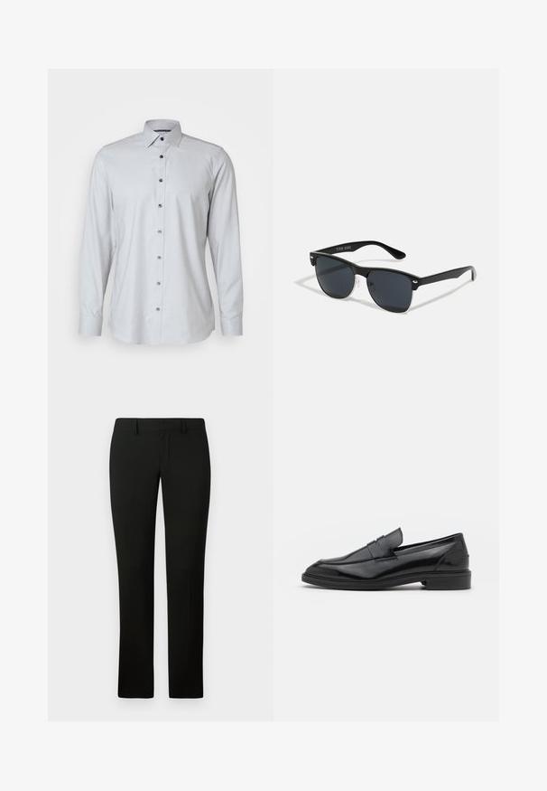 OLYMP Level Five Businesshemd - kitt; Schwarze Hosen mit taillierter Passform, die eine glatte Textur und einen geraden Beinanschnitt aufweisen. Der Bund hat Gürtelschlaufen und eine saubere Verarbeitung.; Schwarze Lederloafers mit glatter Oberfläche, runder Spitze und schmalem Riemen über dem Obermaterial. Niedriger, gestapelter Absatz.; Schwarze Sonnenbrille mit rechteckiger Form, dunklen Gläsern, silbernen Akzenten an den Bügeln und mattierter Oberfläche des Rahmens.