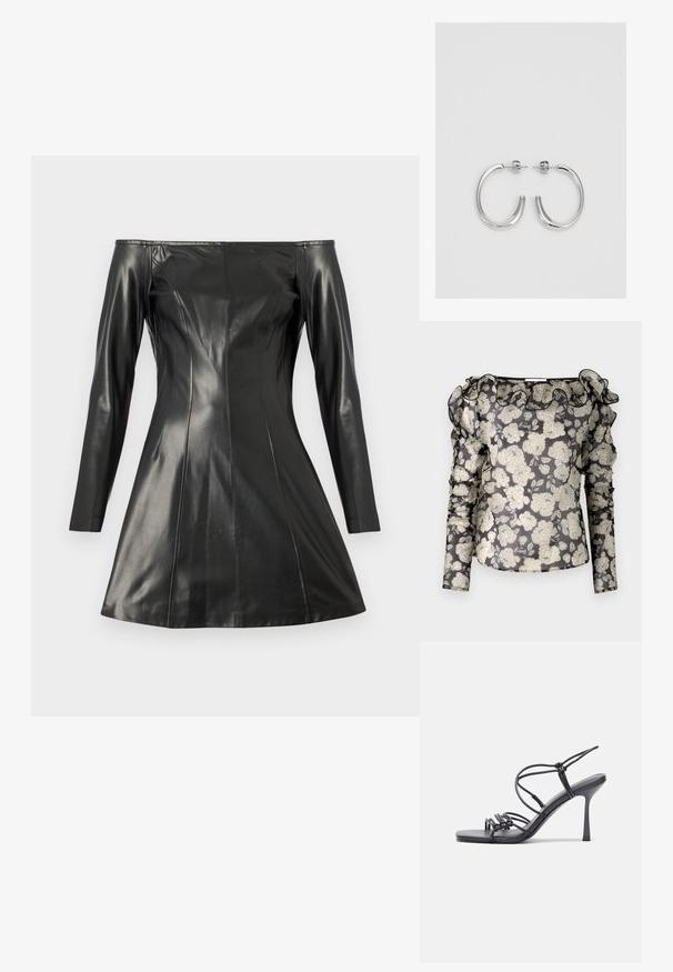 Permatomas juodas bliusas su baltu gėlių raštu, raukšlėta apykakle, ilgomis rankovėmis su sukauptais akcentais ir prigludusia suknele.; Juodas of-the-shoulder suknelė, pagaminta iš lygaus odos. Savybės: ilgos rankovės, pritaikyta forma ir plati sijonas. Akivaizdžios siūlės ir tekstūros detalės.; Juodos aukštakulnės sandalai pasižymi plonyčiais dirželiais su mazgo dizainu, lygiu kvadratiniu pirštu ir elegantišku stiletto kulnu.; Šviesiai pilka metalinė rankinė su grandinėlės dirželiu, papuošta mažais apvaliais metaliniais smeigėmis ir trikampiu prekės ženklu.; Sidabrinės auskarai žiedai su lygiu, blizgiu paviršiumi. Suapvalinta forma, lengvas dizainas, su uždarymu ant smeigtuko.