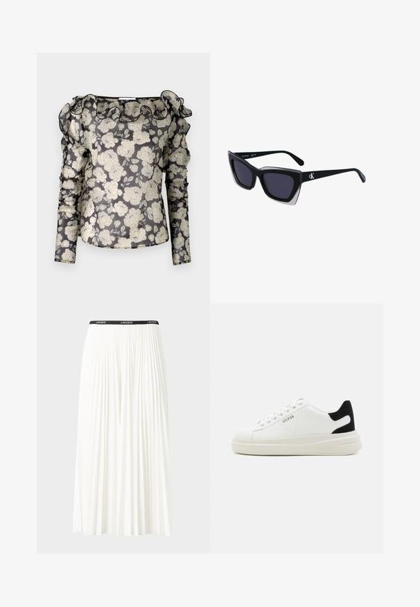 Avi musta pluus valge lillemustriga, volangiga krae, pikad varrukad kogutud detailidega ja keha ligi istuv disain.; Kurtitudega valge seelik musta elastse vööga, millel on "LACOSTE" logo. Keskmise pikkusega disain pehme tekstuuriga.; Valged nahast tennisetossud paksu valge tallaga, musta sametist kontsakeeuga ja külje peal riigilogo reljeefne kujundus. Lukkeskeem kuue silmaauguga.; Mustad suured mustad prillid geomeetrilise kujuga, tumedate läätsedega ja kontrastse halli detailiga raamidel. Logo käe peal.