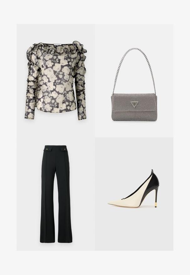 Prozirna crna bluza s bijelim cvjetnim uzorkom, volanastim izrezom, dugim rukavima s nabrane detalje i ajustiranim dizajnom.; Crne hlače s visokim strukom i širom nogavicom, s detaljima na prednjem šavu i dva džepa s preklopom ukrašena zlatnim gumbima na struku.; Cipele na visokoj peta s špicastim prstom, izrađene od crne lak kože i kremaste kože. Imaju zlatno ukrašen petu i elegantan dizajn.; Svijetlosivi metalik ruksač s lancem, ukrašen malim okruglim metalnim zakovicama i trokutastim logotipom marke.