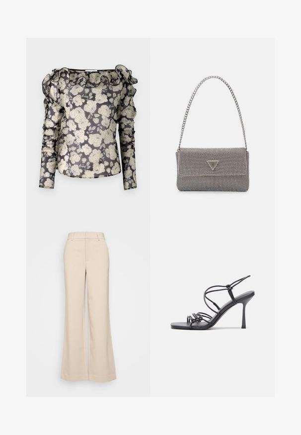Blusa negra transparente con estampado floral blanco, cuello rizado, mangas largas con detalles fruncidos y un diseño ajustado.; Pantalones de pierna ancha beige con una textura suave, que presentan una cintura alta y dos bolsillos frontales. Diseño limpio con un ajuste entallado.; Las sandalias negras de tacón alto presentan finas correas con un diseño anudado, una punta cuadrada suave y un elegante tacón de aguja.; Bolso de mano metálico gris claro con una cadena como asa, adornado con pequeños remaches metálicos circulares y un logotipo de marca en forma triangular.; Aros de plata en forma de aro con un acabado liso y brillante. Diseño redondeado y ligero, con cierre de tipo post-back.