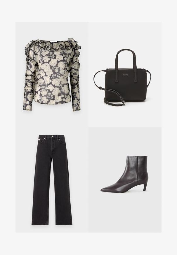 Avi musta pluus valge lillemustriga, volangiga krae, pikad varrukad kogutud detailidega ja keha ligi istuv disain.; Mustad laiad mustad teksad, millel on kõrge vöökoht, viie tasku stiil ja metallist nööpkinnitus kontrastsete õmblustega.; Must musta kaljam boots, terava varvas ja madal kitten kont, sile pind, külg-edasi tõmbetõmbe, esitatud neutraalses taustas.; Musthave mustrans vöö ja eemaldatav õlarihm. Gludike nahk siledaga, millel on tõmblukk ja logo detail.