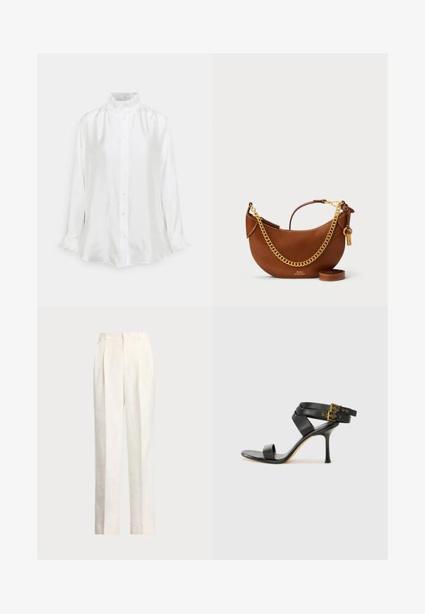Chemise en satin blanc avec un col à volants haut, des manches longues avec des poignets à volants et une fermeture à boutons sur le devant. Texture lisse avec une coupe décontractée.; Polo Ralph Lauren HEMP WIDE LEG PANT - Pantalon classique - nevis; Sandale à talons noirs avec des straps croisés et une boucle ajustable. Elle présente une texture lisse et un talon aiguille effilé.; Sac à main en cuir brun avec un design courbé, une chaîne dorée, une poche intérieure et une bandoulière amovible. Présente des coutures contrastantes.