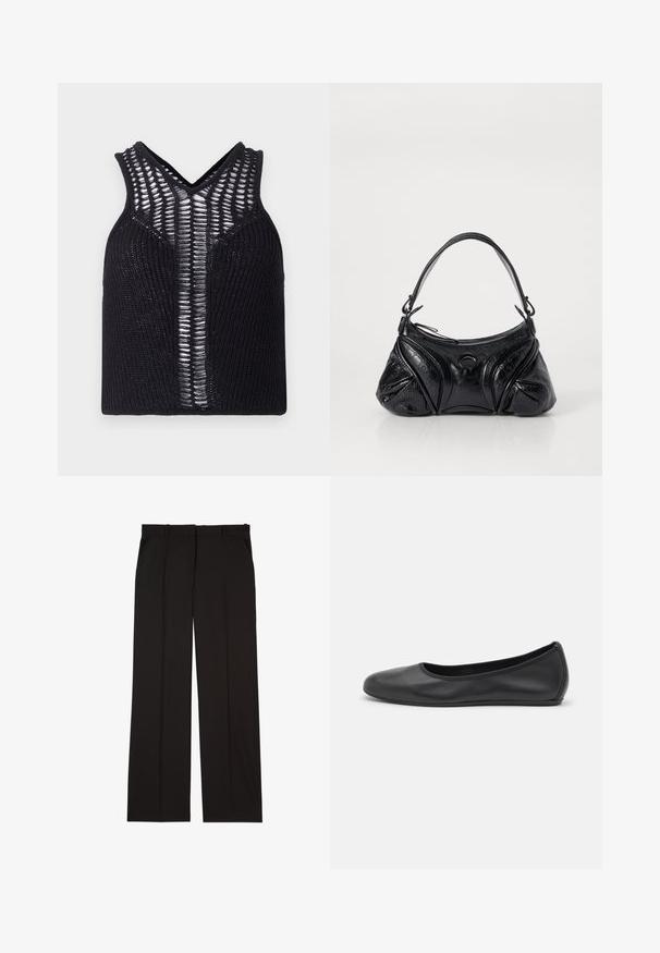 Mustvärviline kudumiga särk V-kaelusega, mille esiosas on triibulised läbipaistvad paneelid. Ribikstruktuuriga ja keha ligitõmbava istuvusega.; Mustad kohandatud püksid sujuvast kangast, sirge jala disainiga ja kahe küljetaskuga. Elegantne ja minimalistik ehitus.; Musthave mustika tantsutossud mustast nahast, ümmarguse varbaga, siledast tekstuurist, minimaalse õmblusdetailiga ja paindliku tallakujundusega.; Musta kott, mis on valmistatud tekstureeritud nahast ja omab ümarat kuju. Sellel on õhuke õlarihm ja dekoratiivsed reljeefmustrit.