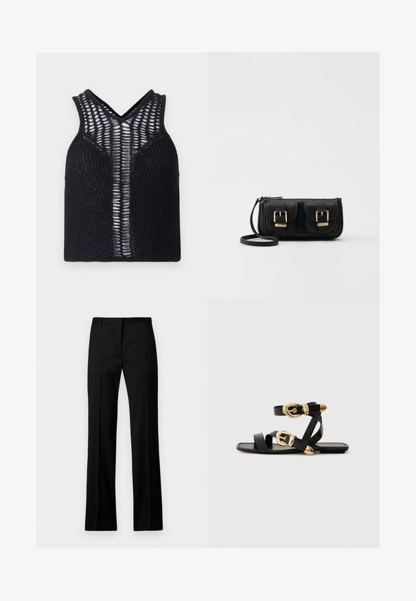 Svart stickad tanktop med V-ringning, som har randiga transparenta paneler framtill. Ribbad textur med en åtsittande passform.; Svarta raka byxor i slätt tyg, med platt front, bälteshällor och utan synliga fickor eller dekorationer.; Svarta lädersandaler med guldspännen, med flera remmar och platt såldesign för öppna tår.; Svart läderaxelväska med två framfickor, guldspännen, dragkedjestängning och en smal rem. Texturerad yta och kompakt rektangulär form.