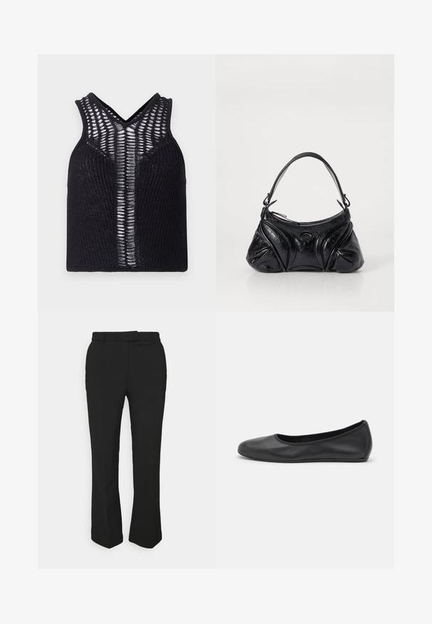 Černý pletený top bez rukávů s výstřihem do V, zdobený pruhovanými průhlednými panely na přední straně. Hribková textura s přiléhavým střihem.; Černé kalhoty na míru se střihovým designem rovného nohavice, mají poutka na opasek a boční kapsy. Vyrobené z hladké tkaniny s čistým zakončením.; Černé kožené baletní byty s kulatou špičkou, hladkou texturou, minimálními švy a flexibilním designem podrážky.; Černá kabelka vyrobená z texturované kůže s kulatým tvarem. Obsahuje tenký ramenní popruh a dekorativní reliéfní vzory.