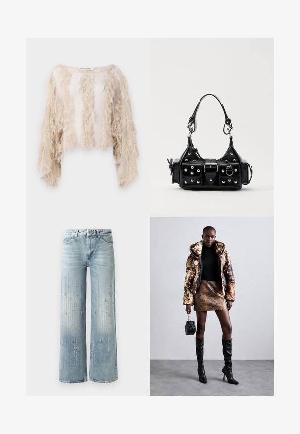 Kurzes kurzärmliges Oberteil in Beige mit strukturierten Fransen entlang der Vorderseite und Ärmel. Durchsichtiges Material mit einem glatten Innenfutter.; Hellblaue weite Jeans aus Denim, ausgestattet mit einem Farbverlaufseffekt und Verzierungen aus silbernen Strasssteinen in vertikalem Muster.; Puffermantel mit einem braunen und schwarzen Muster, kombiniert mit einem mini Rock in Schlangenoptik in Braun, schwarzen kniehohen Stiefeln und einer kleinen schwarzen Tasche.; Schwarze Lederhandtasche mit einem geschwungenen Design, verziert mit silbernen Nieten, einer Schnalle und zwei seitlichen Taschen. Verstellbarer Träger für verschiedene Tragemöglichkeiten.
