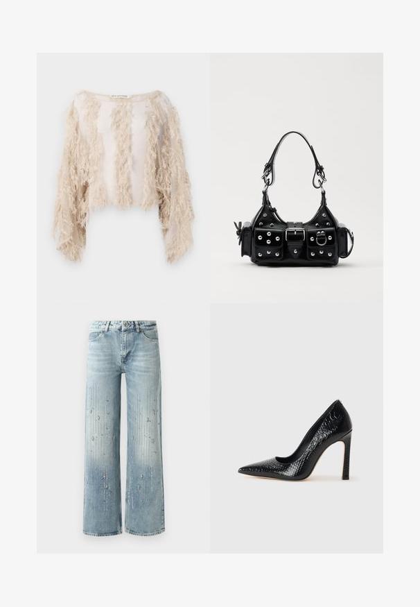 Korte mouwen cropped top in beige, met textuurranden aan de voorkant en mouwen. Doorzichtige stof met een soepele binnenvoering.; Lichtblauwe wijde spijkerbroek van denim, met een kleurverloop en versieringen van zilverkleurige strassstenen in een verticaal patroon.; Zwarte puntige hoge hak schoen met een krokodillenleren textuur, met een slank ontwerp, hoge stiletto-hak, en een gladde zwarte binnenkant.; Zwarte lederen handtas met een gebogen ontwerp, voorzien van zilveren studs, een gesp en twee zijvakken. Verstelbare schouderband voor verschillende draagmogelijkheden.