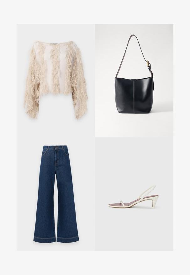 Korte mouwen cropped top in beige, met textuurranden aan de voorkant en mouwen. Doorzichtige stof met een soepele binnenvoering.; Brede blauwe denimjeans met een hoge taille, voorzien van een knoopsluiting, riemlussen en subtiele stikdetails langs de zakken en zoom.; Witte slingback sandalen met een lichte hak, dunne banden en een gladde leren textuur; voorzien van een kleine decoratieve gesp.; Zwarte leren schoudertas met een gladde textuur, voorzien van een dunne, lange schouderband en een subtiele stiknaad in het midden.