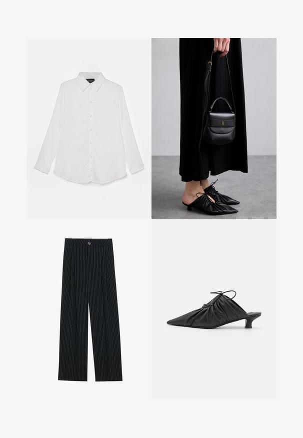Bílá dlouhá košile s dlouhým rukávem, s knoflíkovým zapínáním vpředu, klasickým límečkem, hladkým povrchem, zakřiveným spodním lemem a jemným leskem.; Černé pruhované kalhoty širokého střihu vyrobené z texturované tkaniny, s předním zapínáním na knoflík a sklady pro zvýšení zajímavosti.; Černé kožené slip-on mule s špičatou špicí, shromážděnou texturou a malým podpatkem. Vlastnosti zahrnují stahovací detail na otvoru.; Malá černá kožená kabelka s zaobleným tvarem, horním madlem a odnímatelným popruhem. Nositelná s černými látkovými šaty a černými plisovanými botami.; Zlaté kruhové náušnice s dvěma propletenými kruhovými tvary, hladkým povrchem a uzávěrem na hřebínek pro bezpečné nošení.