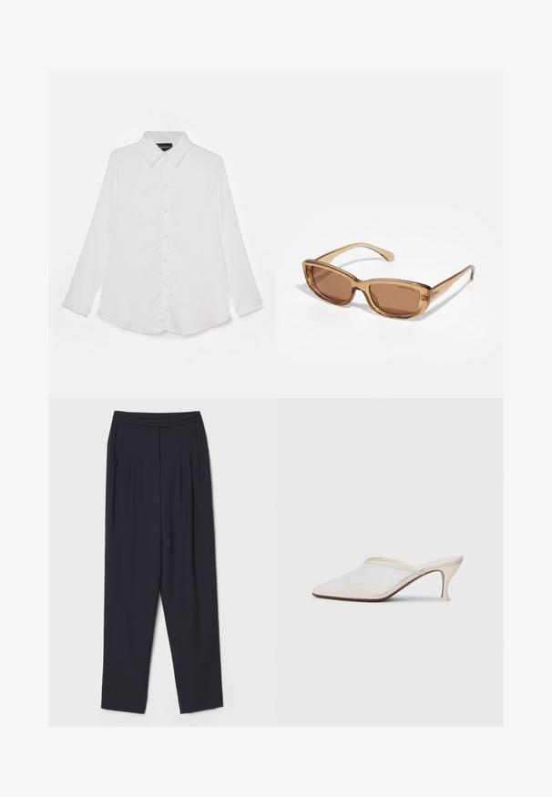 Camicia bianca a maniche lunghe con chiusura a bottoni, colletto classico, texture liscia, orlo inferiore curvo e una sottile lucentezza.; Pantaloni scuri navy realizzati in tessuto morbido, con pieghe e un design a gamba dritta, dotati di vita standard e tasche laterali.; Mule bianco in rete con punta appuntita, tacco medio sottile e design slip-on su uno sfondo semplice.; Occhiali da sole color marrone con forma rettangolare, montatura in plastica trasparente marrone e dettagli del logo discreti sui lati.