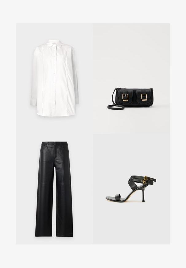 Bela dolgimi rokavi srajca iz bombaža s klasičnim ovratnikom, zapiranjem na gumbe spredaj in vertikalnim nabiranjem na zgornjem delu.; Široke črne usnjene hlače gladke teksture, s sprednjimi žepi, gumbom za zapiranje in subtilnimi detajli šivanja.; Črne sandale na peto z križnimi trakovi in prilagodljivo zaponko. Imajo gladko teksturo in zožen peto.; Črna usnjena torbica čez ramo z dvema sprednjima žepoma, zlatimi zaponkami, zadrgo in ozkim pasom. Tekstura površine je strukturirana, obliko pa ima kompaktno pravokotno.
