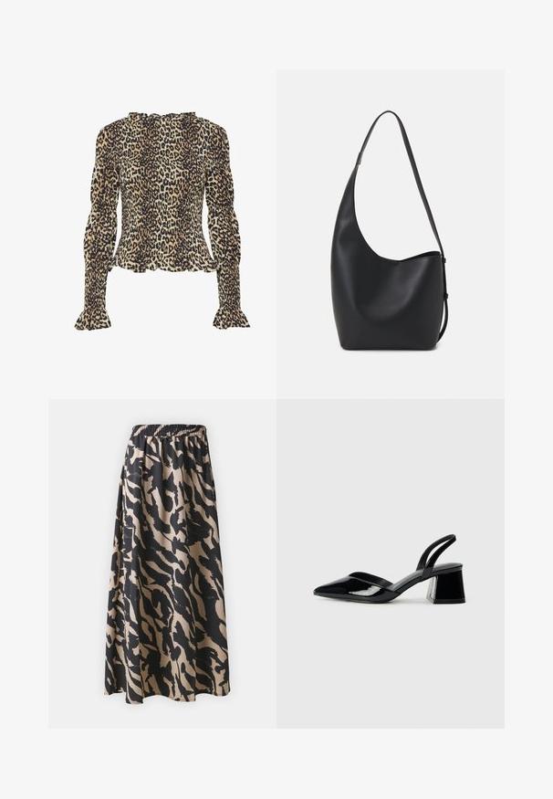 Leopardimustriga pluus pikka, pallikujuliste varrukatega, ripsitud tekstuuriga, volangiga kaelusega ja flare'iga mansettidega. Peamiselt tan ja musta värvi.; Mustikas ja beež pikk seelik elastse vöökoha ja abstraktsete loomamustritega, voolava siluetiga.; Mustad musta lakknahk kingad, millel on terav varvas ja geomeetriline plokkkonts. Omab elegantselt minimalistlikku disaini ja sujuvat tekstuuri.; Mustast nahast hobo kott, millel on sile tekstuur, kumer kuju ja üks reguleeritav rihm; peal on lai avaus.