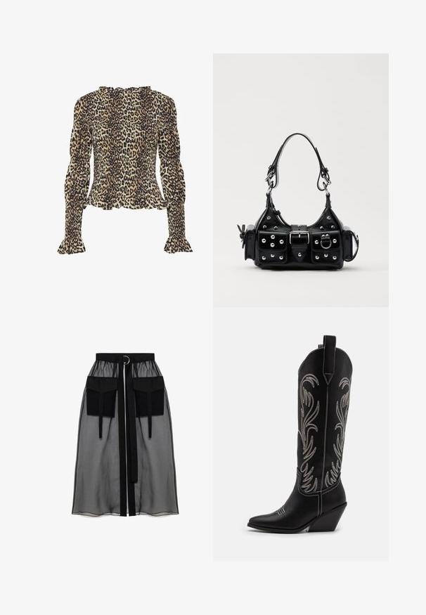 Leopard print blouse with long, puffed sleeves, smocked texture, ruffled neckline, and flared cuffs. Predominantly tan and black colors.; Black sheer skirt with a gathered waistband, featuring two large front pockets, a waist tie, and a circular metal accent.; Black leather cowboy boots with pointed toes, wedge heels, and silver embroidered floral patterns along the shaft. Contrast stitching throughout.; Black leather handbag with a curved design, featuring silver studs, a buckle, and two side pockets. Adjustable strap for carrying options.