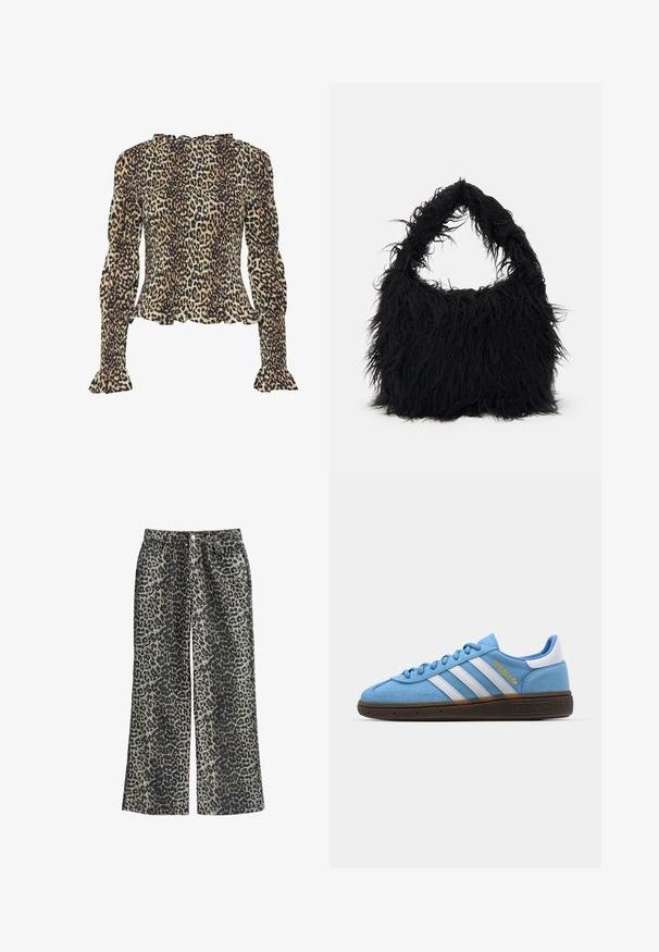 Bluzka w print panterki z długimi, wyp puffowanymi rękawami, marszczoną teksturą, falbaniastego dekoltu i rozkloszowanymi mankietami. Dominujące kolory to beżowy i czarny.; Spodnie szerokie w panterkę wykonane z miękkiego materiału, z wysokim stanem, pięcioma kieszeniami i metalowym zapięciem.; Jasnoniebieskie zamszowe trampki z białymi skórzanymi paskami, brązową teksturowaną podeszwą i złotym logo. Niskoprofilowy design z zaokrąglonym czubkiem.; Even&Odd - Torba na zakupy
