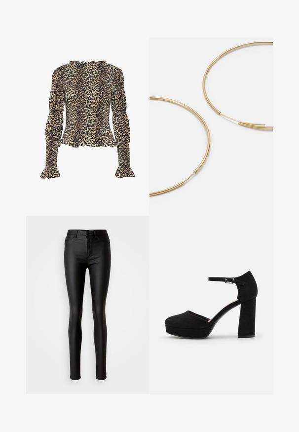 Lauka ziedu blūze ar garām, pūkainām piedurknēm, smockota tekstūra, viļņota apkakle un izplešanās aproces. Galvenokārt brūna un melna krāsa.; Melnas mākslīgās ādas šaurās bikses ar gludu tekstūru, augstu jostasvietu, pogu aizdari un tradicionālo piecu kabatu dizainu.; Melna zamšāda platforma ar biezu bloku papēdi, noapaļotu purngalu un potītes siksniņu, kas nostiprināta ar metāla sprādzi. Gluda virsma visā apjomā.; Zelta krāsas auskari gredzena formā, plāni un apaļi, ar gludu metāla apdari un bez rotājumiem vai zīmējumiem.; Melnas ādas maku ar pārklājošu flapu, zelta detaļām, ar logotipa akcentu. Ietver noņemamu siksniņu pārvadāšanai.