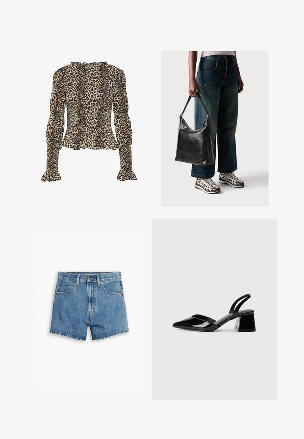 Leopardi kuviolla varustettu paita, jossa on pitkät puffihihat, rypytetty pinta, röyhelökaula-aukko ja levenevät hihansuut. Pääasiassa vaaleanruskeita ja mustia värejä.; Vaaleansiniset farkkushortsit, joissa on viisi taskua, vetoketjukiinnitys ja nappisulku. Helmassa on revitty viimeistely ja rento istuvuus.; Mustat patentoitu nahkakengät, joissa on säären takaosa ja terävä kärki, sekä geometrinen palikkakorko. Sisältää tyylikkään, minimalistisen muotoilun ja sileän pinnan.; Musta nahkainen olkalaukku, jossa on sileä pinta ja säädettävä hihna, yhdistettynä haalistuneisiin leveälahkeisiin farkkuihin ja urheilukenkien kanssa.