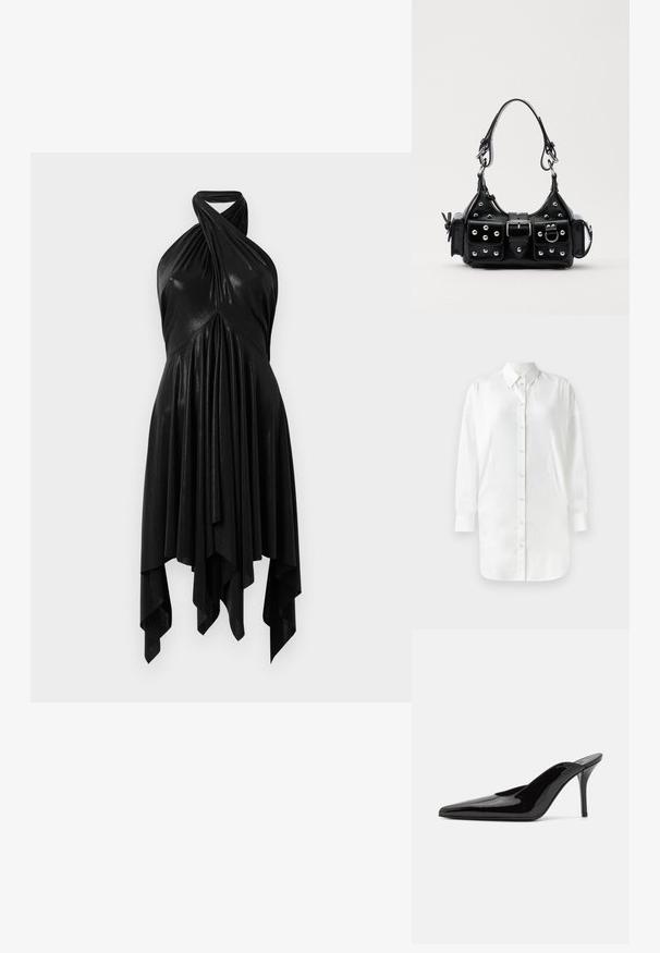 Chemise blanche à manches longues, avec fermeture à boutons, col pointu et panneaux latéraux. Tissu lisse avec une texture légèrement brillante.; Robe noire à halter avec un design drapé. Fabriquée en matériau brillant, avec un col tordu et un ourlet asymétrique. Texture lisse.; Mule en cuir verni noir à talon haut avec un bout pointu et une silhouette épurée, doté d'un dos ouvert et d'un talon aigu slender.; Sac à main en cuir noir au design courbé, avec des clous en argent, une boucle et deux poches latérales. Bandoulière réglable pour différentes options de transport.