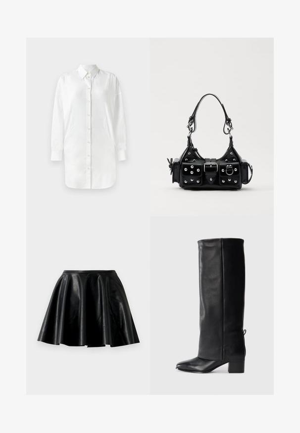 Balta krekla ar garām piedurknēm, pogu aizdare, punktēts apkakle un sānu paneļi. Gluda auduma materiāls ar nedaudz spīguļojošu tekstūru.; Melnas ādas svārki ar izplūdušu formu, gludu tekstūru, platu maliņu un pieguļošu jostu. Virsma ir ar smalku spīdumu un bez redzamām rotājumām.; Melnas ādas līdz ceļiem zābaki ar gludu apdari, kvadrātveida purngalu, bloku papēdi un sānu saišu detaļu pielāgojamai fit.; Melnas ādas rokturmais ar izliekumu, ar sudraba iedurtiem, sprādzi un divām sānu kabatām. Regulējams siksniņas garums dažādām nēsāšanas iespējām.