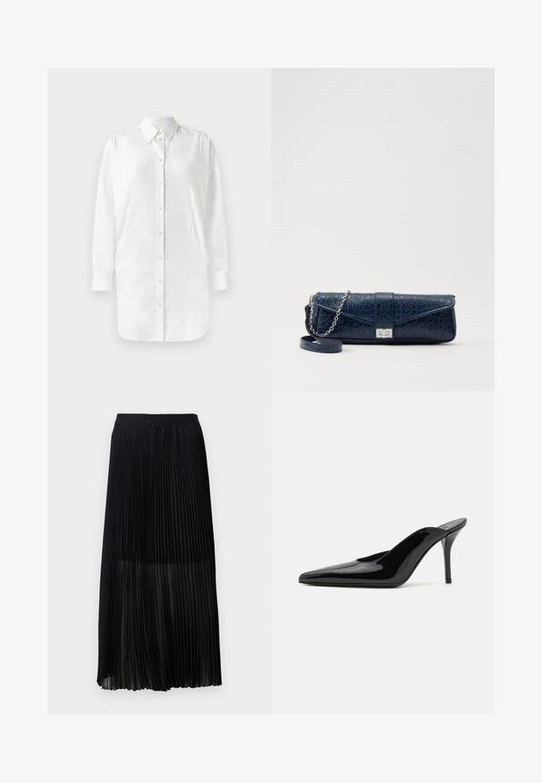 Chemise blanche à manches longues, avec fermeture à boutons, col pointu et panneaux latéraux. Tissu lisse avec une texture légèrement brillante.; Jupe midi plissée noire avec une taille élastique lisse et une superposition transparente, présentant de fins plis verticaux sur toute la surface du tissu.; Mule en cuir verni noir à talon haut avec un bout pointu et une silhouette épurée, doté d'un dos ouvert et d'un talon aigu slender.; Pochette en cuir bleu marine avec une texture crocodile, une chaîne en argent et un fermoir métallique. De forme rectangulaire avec un design rabat.