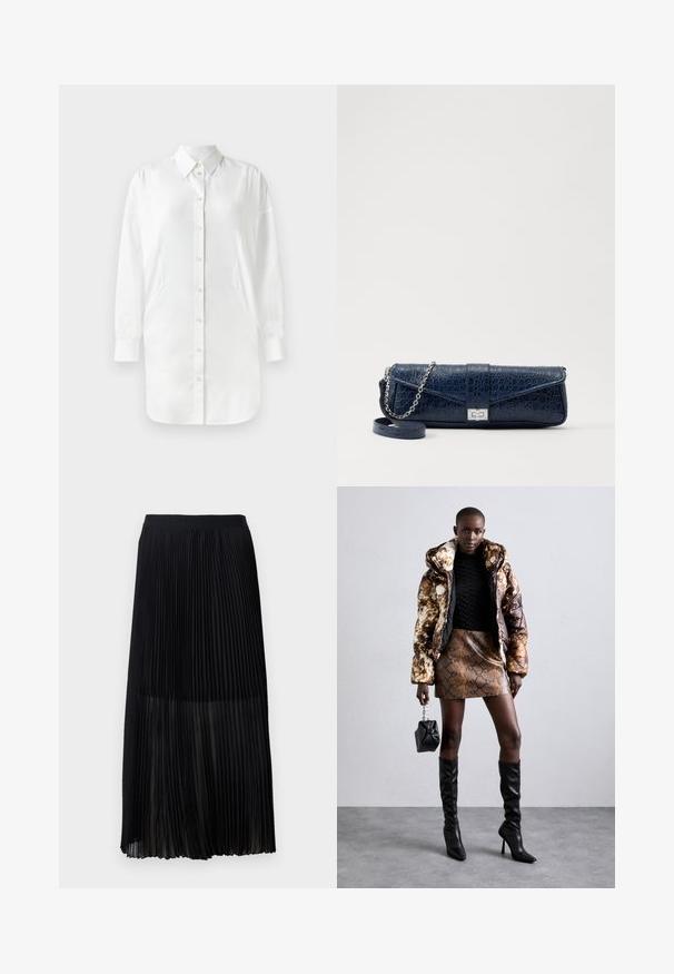 Camicia bianca con maniche lunghe, chiusura a bottoni, colletto a punta e pannelli laterali. Tessuto liscio con una leggera texture lucida.; Gonna midi plissettata nera con una cintura elastica liscia e sovrapposizione trasparente, caratterizzata da fini pieghe verticali su tutto il tessuto.; Giacca a vento con un motivo marrone e nero, abbinata a una mini gonna in stampa pitone marrone, stivali neri alti fino al ginocchio e una piccola borsa nera.; Clutch in pelle blu navy con texture a coccodrillo, tracolla in catena argentata e chiusura metallica. Forma rettangolare con design pieghevole.