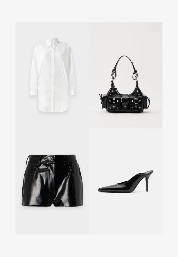 Weißes Hemd mit langen Ärmeln, Knopfverschluss, spitzem Kragen und seitlichen Einsätzen. Glattes Material mit leicht glänzender Textur.; Schwarze, glänzende Shorts aus synthetischem Material. Mit einem taillierten Bund, Gürtelschlaufen und vorderen Taschen mit auffälligen Nähdetails.; Schwarze Lackleder-Pumps mit hohen Absätzen, spitzer Zehenform und schlanker Silhouette, mit offenem Rücken und schlankem Stiletto-Absatz.; Schwarze Lederhandtasche mit einem geschwungenen Design, verziert mit silbernen Nieten, einer Schnalle und zwei seitlichen Taschen. Verstellbarer Träger für verschiedene Tragemöglichkeiten.