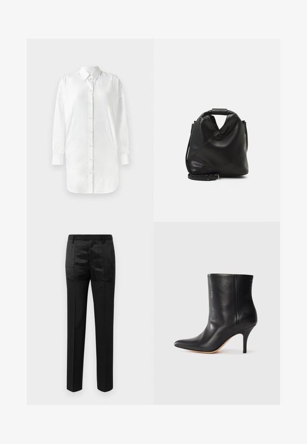 Valkoinen paita, jossa on pitkät hihat, napitus, terävä kaulus ja sivupaneelit. Silkkinen kangas, jossa on hieman kiiltävä pinta.; Mustat räätälöidyt housut suoralinjaisilla lahkeilla ja vyötärönauhalla, jossa on vyölenkit, joissa on matta- ja kiiltäväkangaspaneelien yhdistelmä.; Musta nahkasaapas nilkkamittaisena, teräväkärkinen, kapea stiletto-korko ja sileä pinta. Minimalistinen muotoilu ilman näkyviä metalliosia tai kuvioita.; Mustan, pehmeän nahkabagin ainutlaatuinen kierretty muotoilu. Varustettu lyhyellä kahvalla ja irrotettavalla olkahihnalla. Minimalistinen tyyli.